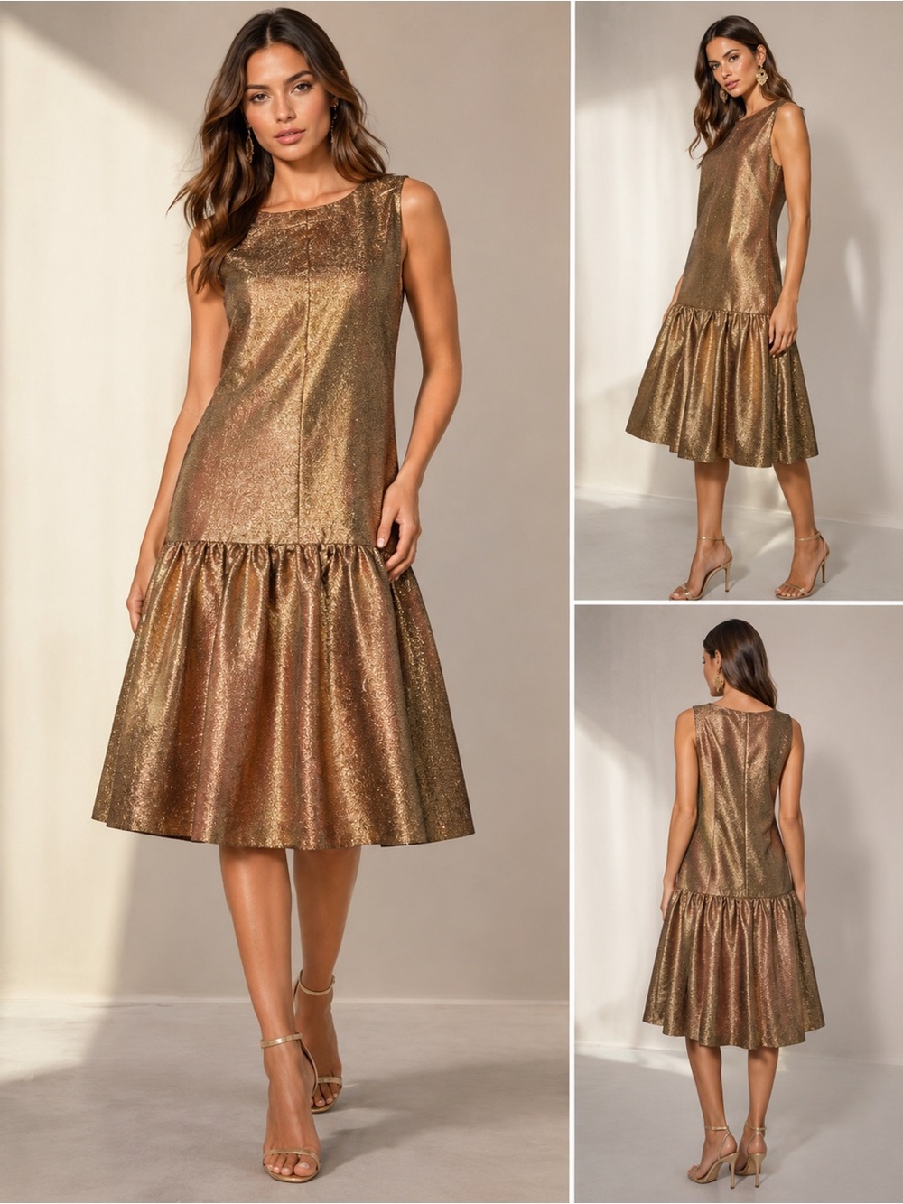 BURU The Sophia Occasion Metallic Gold Drop-Waist Dress XS NWT